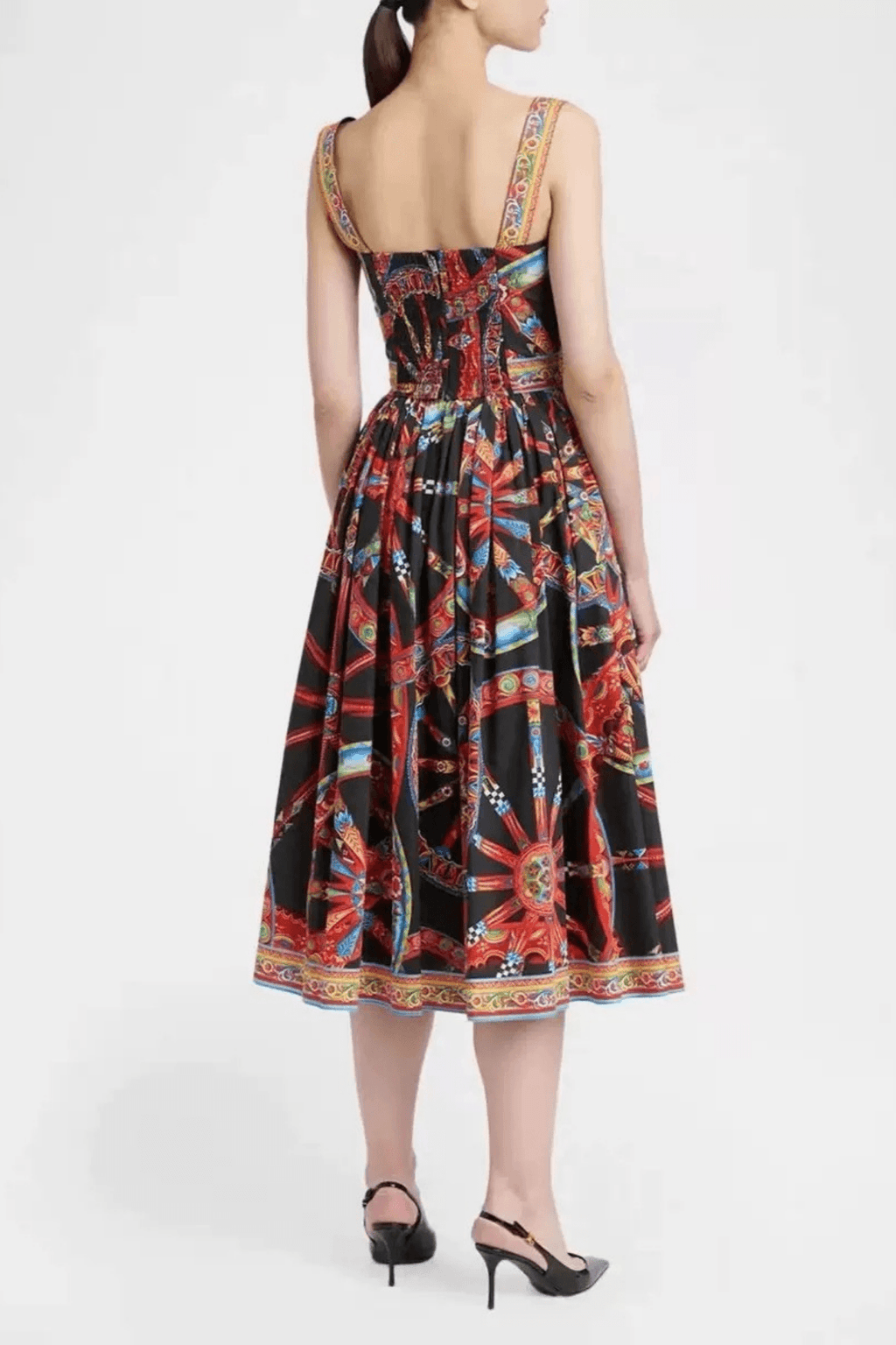 Sicilian Cart Print Wide Strap Button Front Dress Avalabel