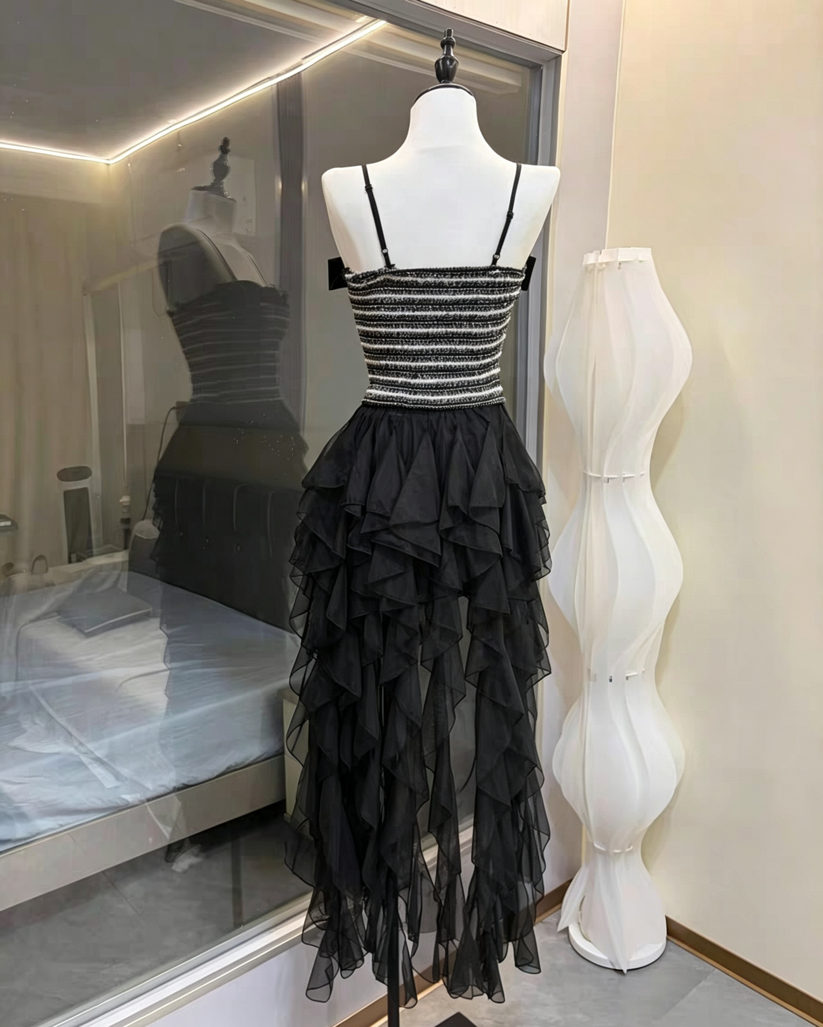 Rhinestone Bow Tweed Top & High-Low Ruffle Tulle Skirt Two-Piece Set Avalabel