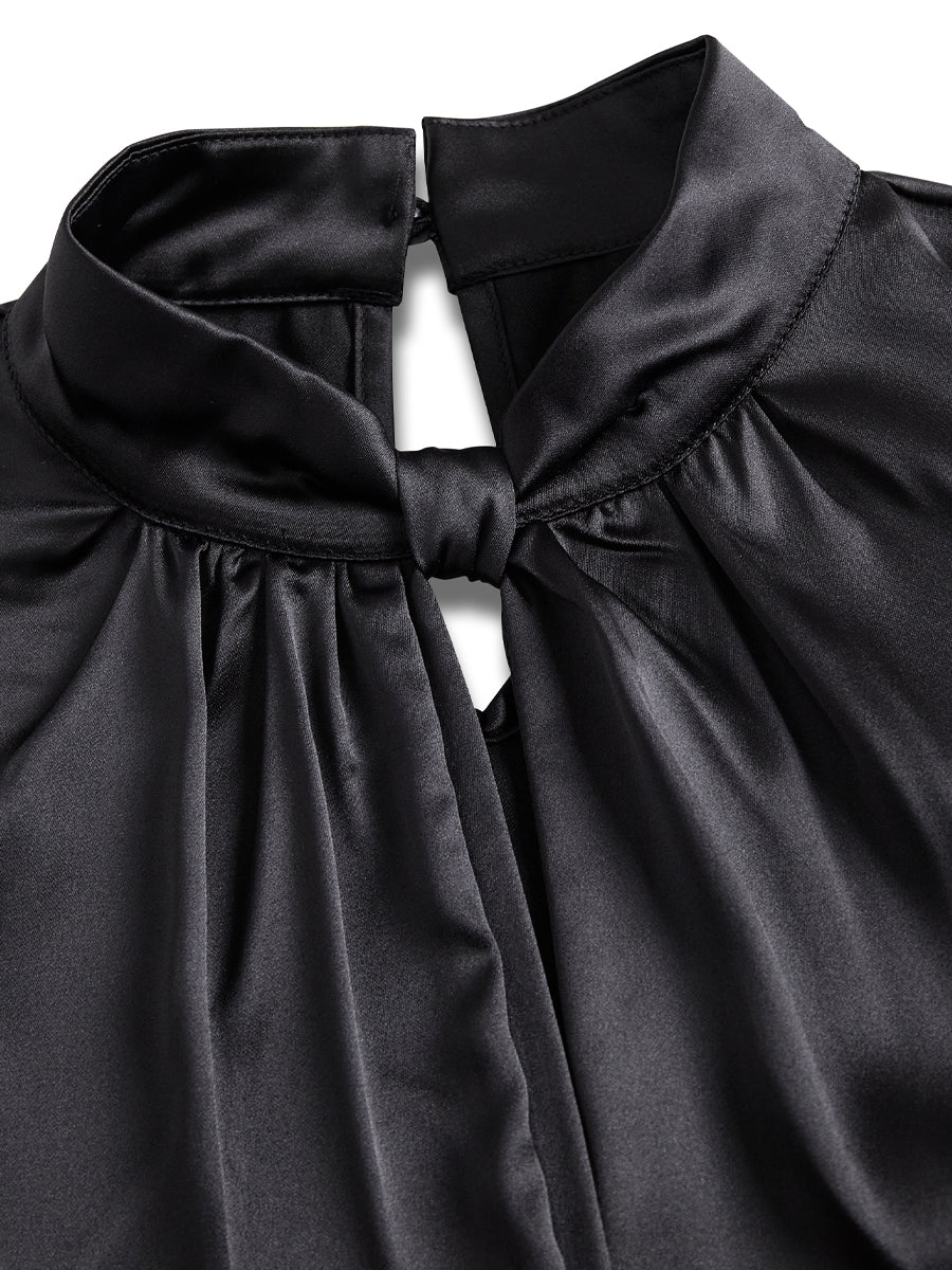 Sophisticated White Satin Blouse with Modern Keyhole Neckline Avalabel