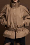 Brett Khaki High Collar Belted Peplum Jacket Avalabel