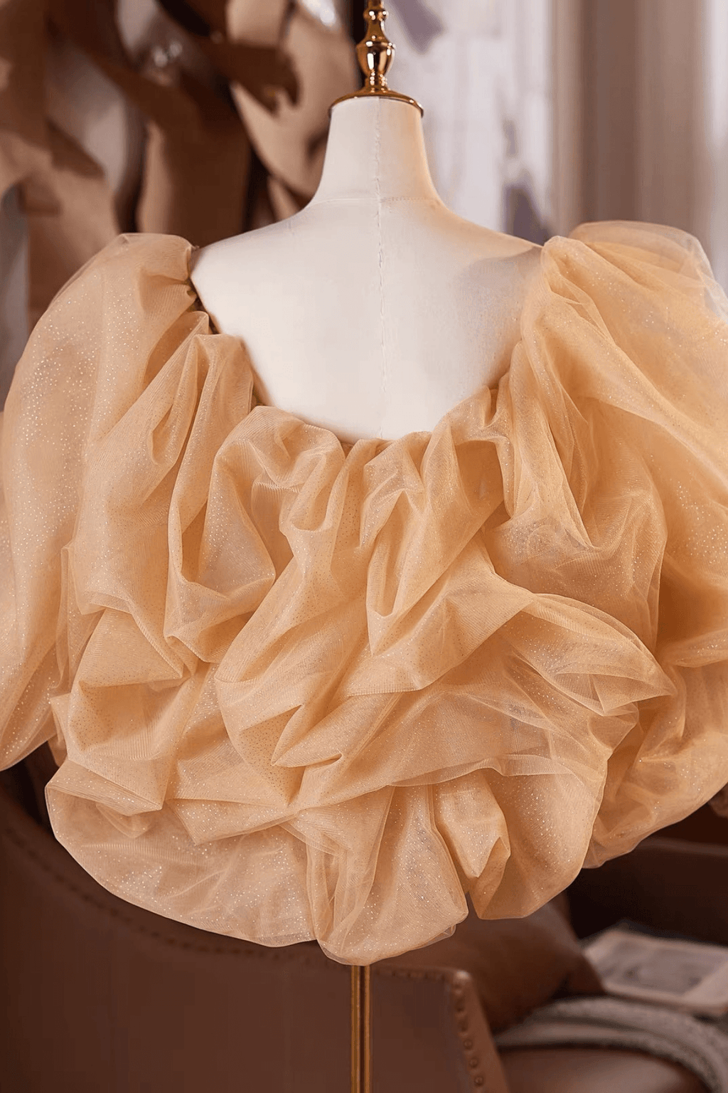 Champagne Glitter Tulle Puff Sleeve Evening Shawl Avalabel