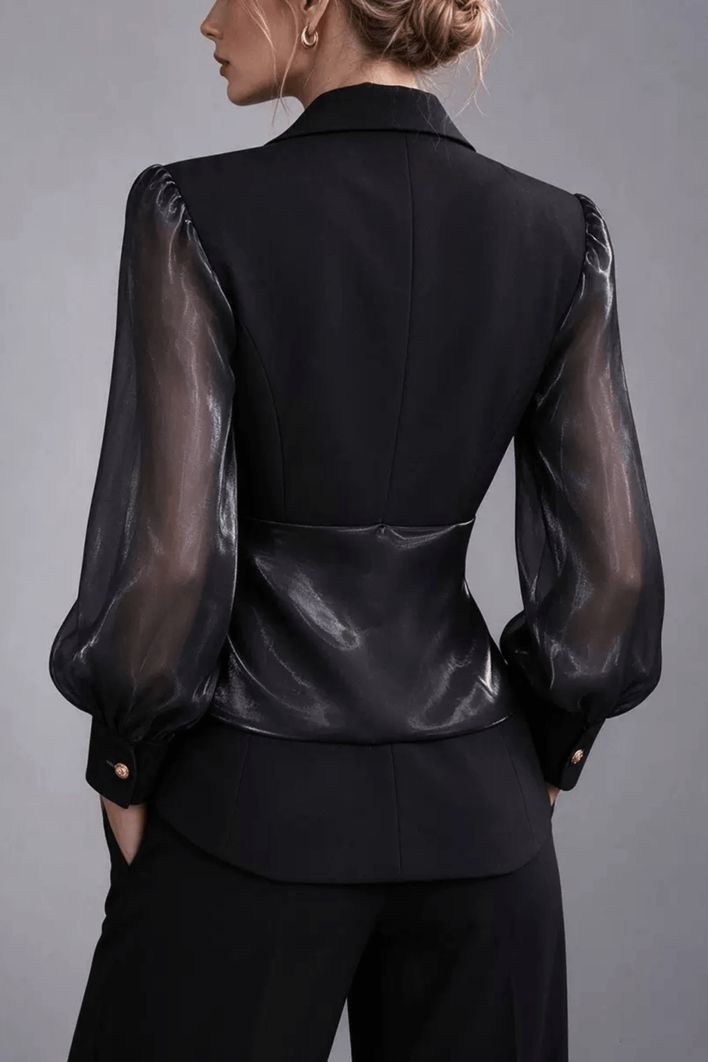 Delia Black Sheer Puff Sleeve Belted Top Avalabel