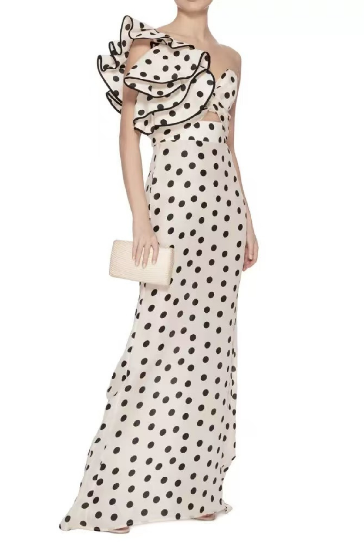 Serena White Polka Dot One-Shoulder Ruffle Maxi Dress Avalabel