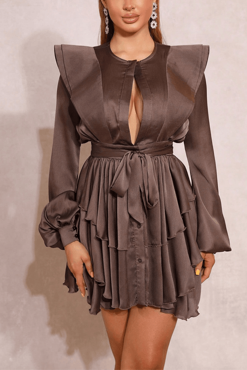Clara Brown Ruffle Sleeve Tie Waist Layered Dress Avalabel