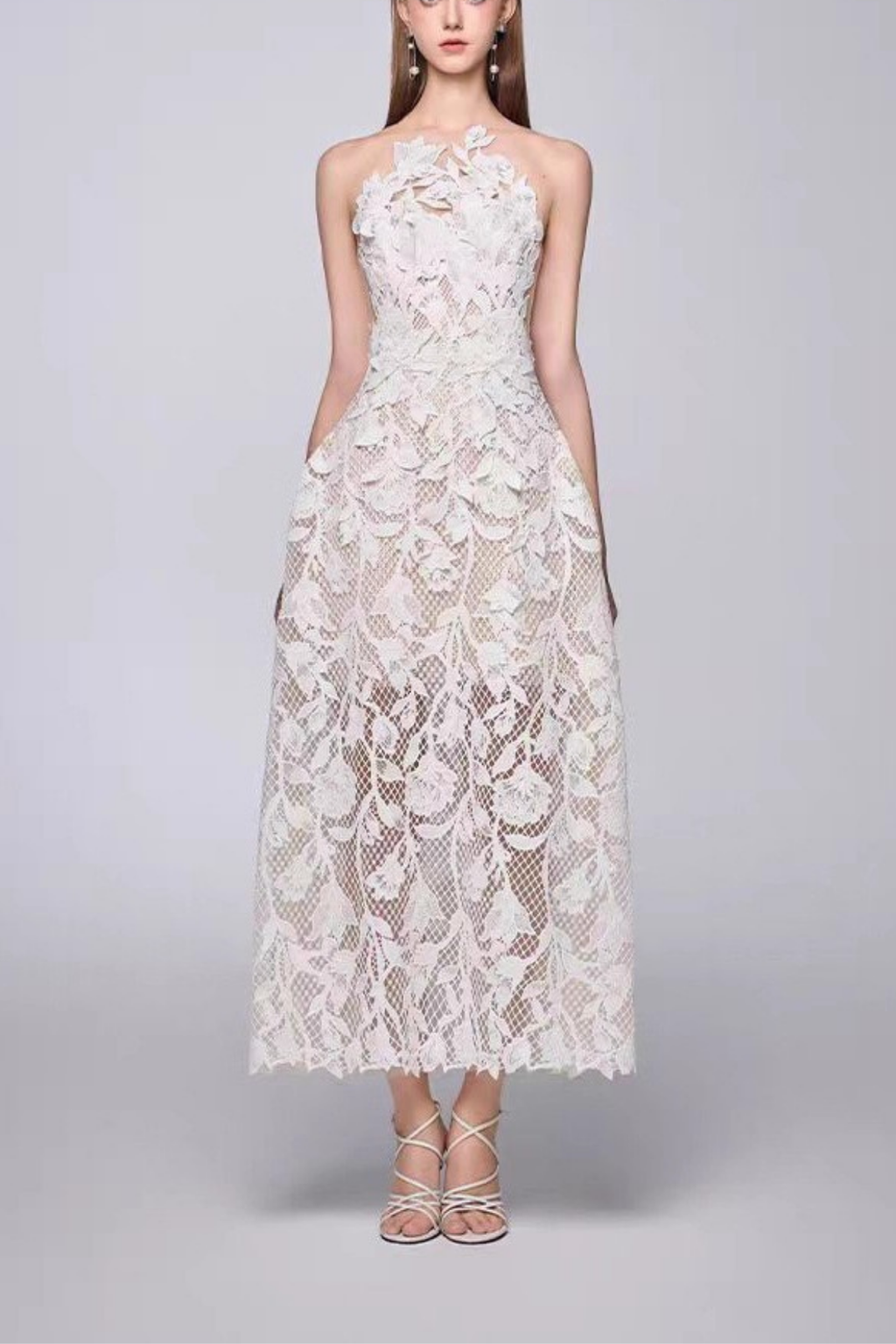Iris Strapless 3D Floral Lace Sheer Midi White Dress Avalabel