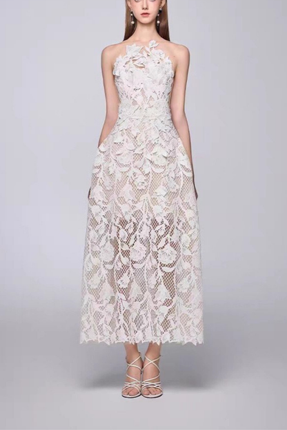 Iris Strapless 3D Floral Lace Sheer Midi White Dress Avalabel