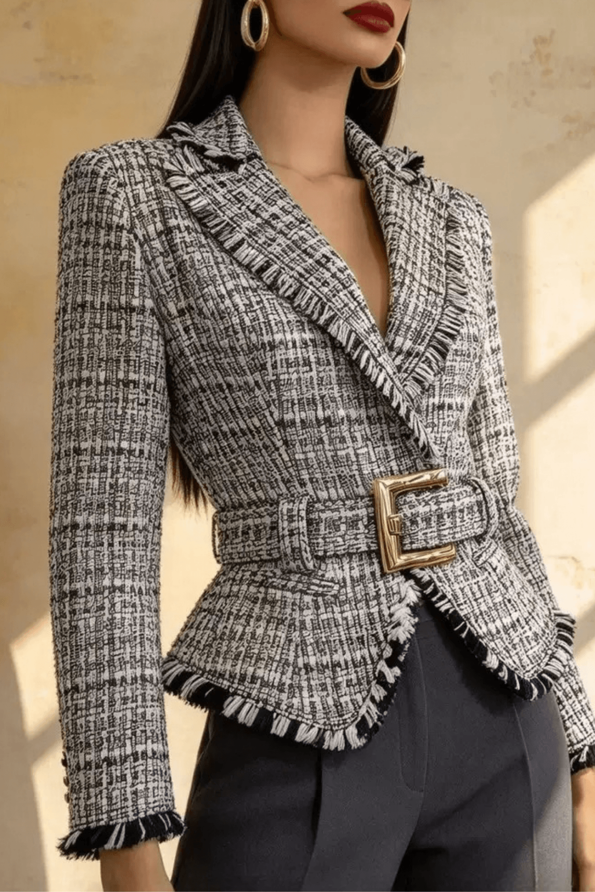 Ivana Tweed Fringe Belted Peplum Jacket Avalabel