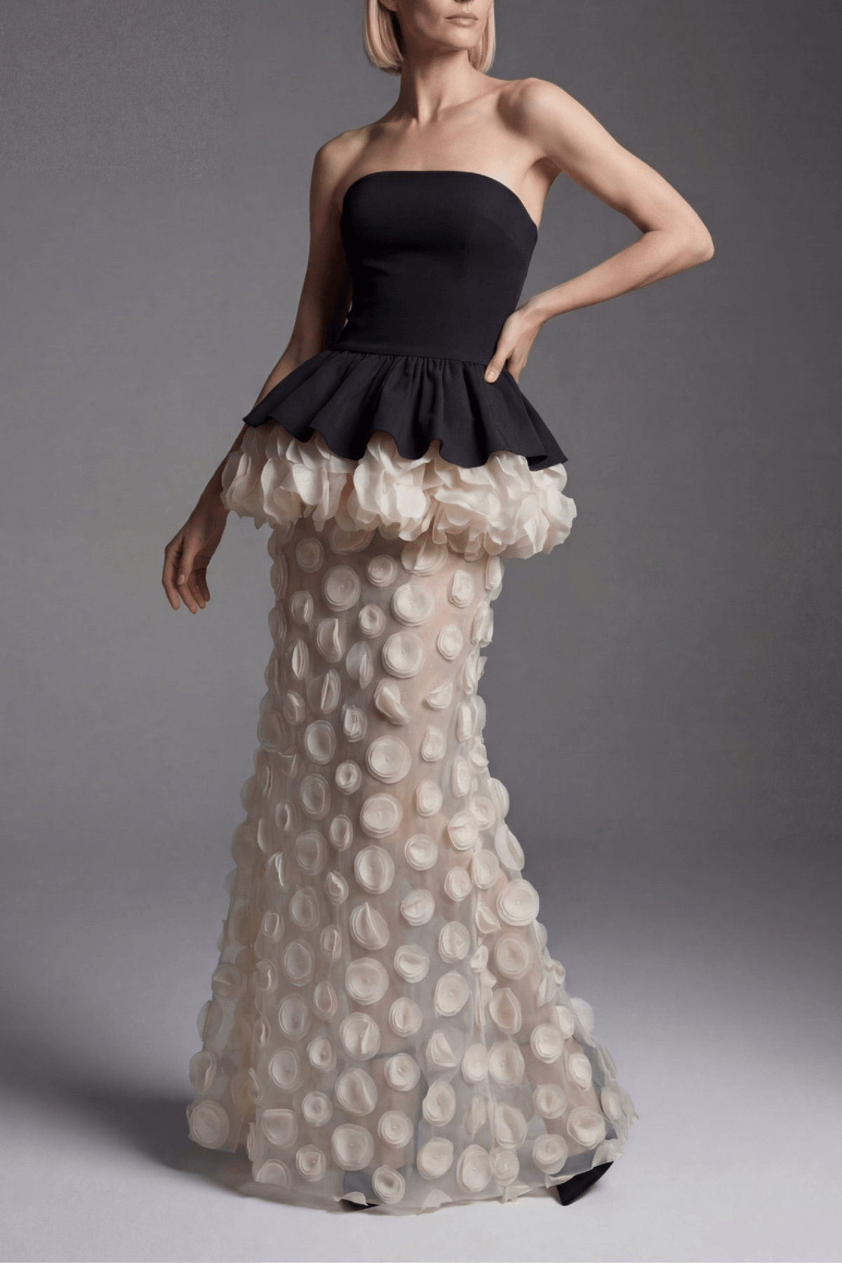 Dara Strapless Peplum 3D Flower Sheer Maxi Dress Avalabel