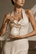 Wavy Metal Frame Egg Pearl Evening Clutch Avalabel