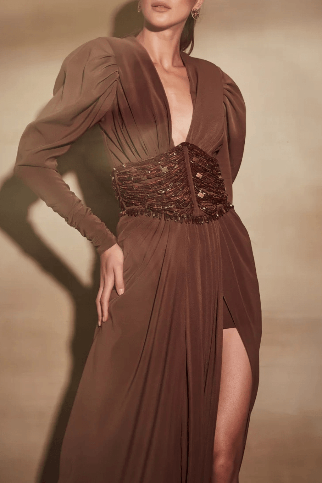 Sylvia Brown Puff Sleeve Deep V High Slit Dress Avalabel
