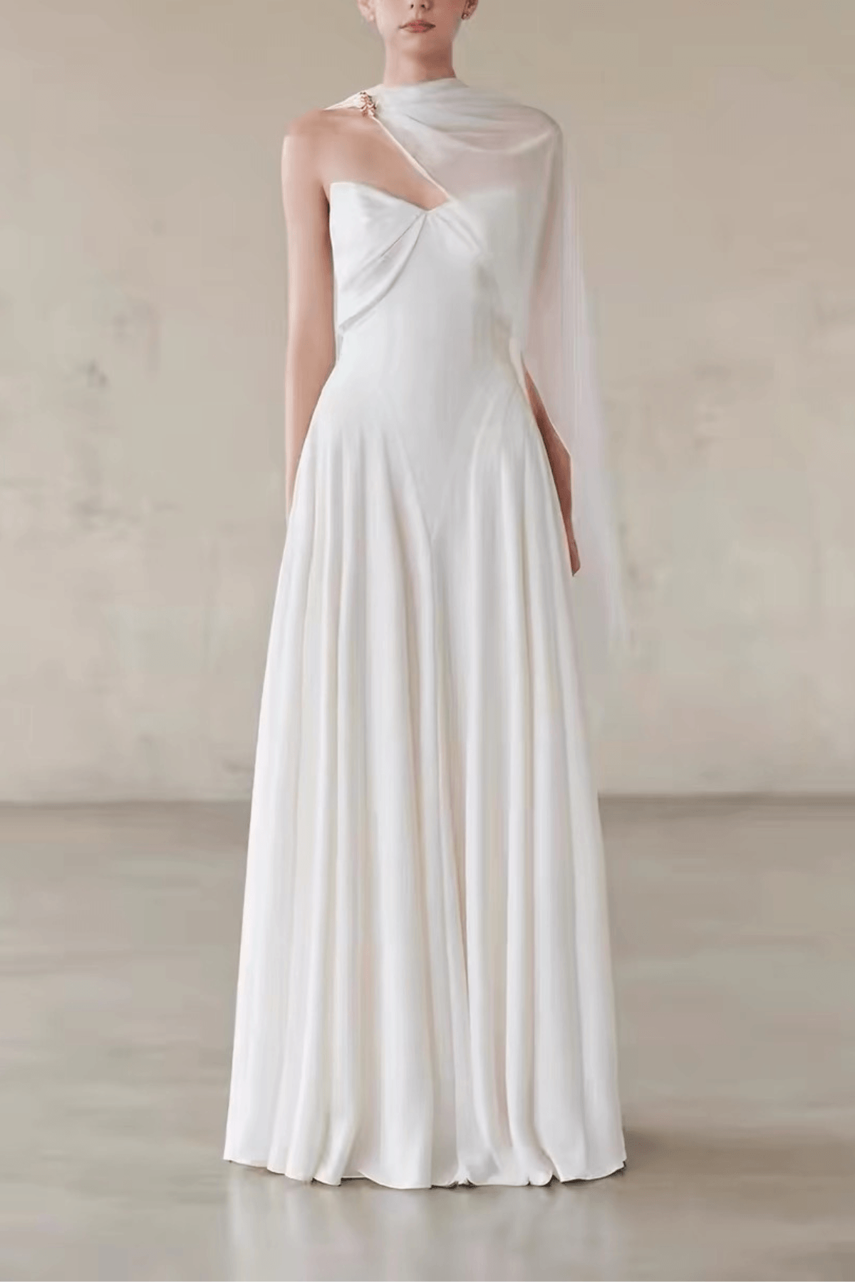 Betty One‑Shoulder Cape Flowy Formal White Dress Avalabel