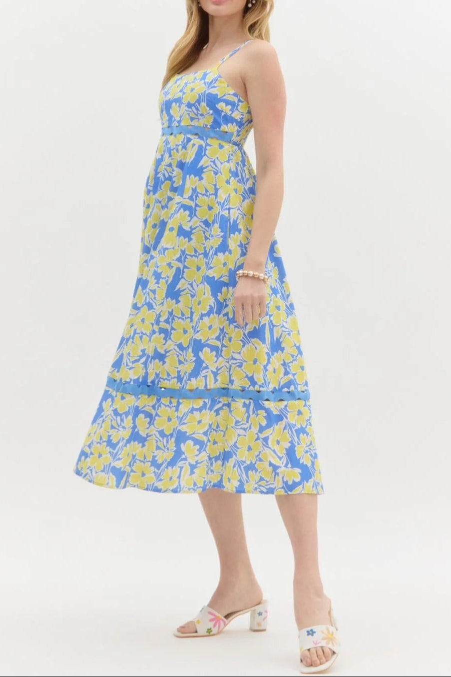 Wallis Floral Print HHollow Midi Dress in Blue
