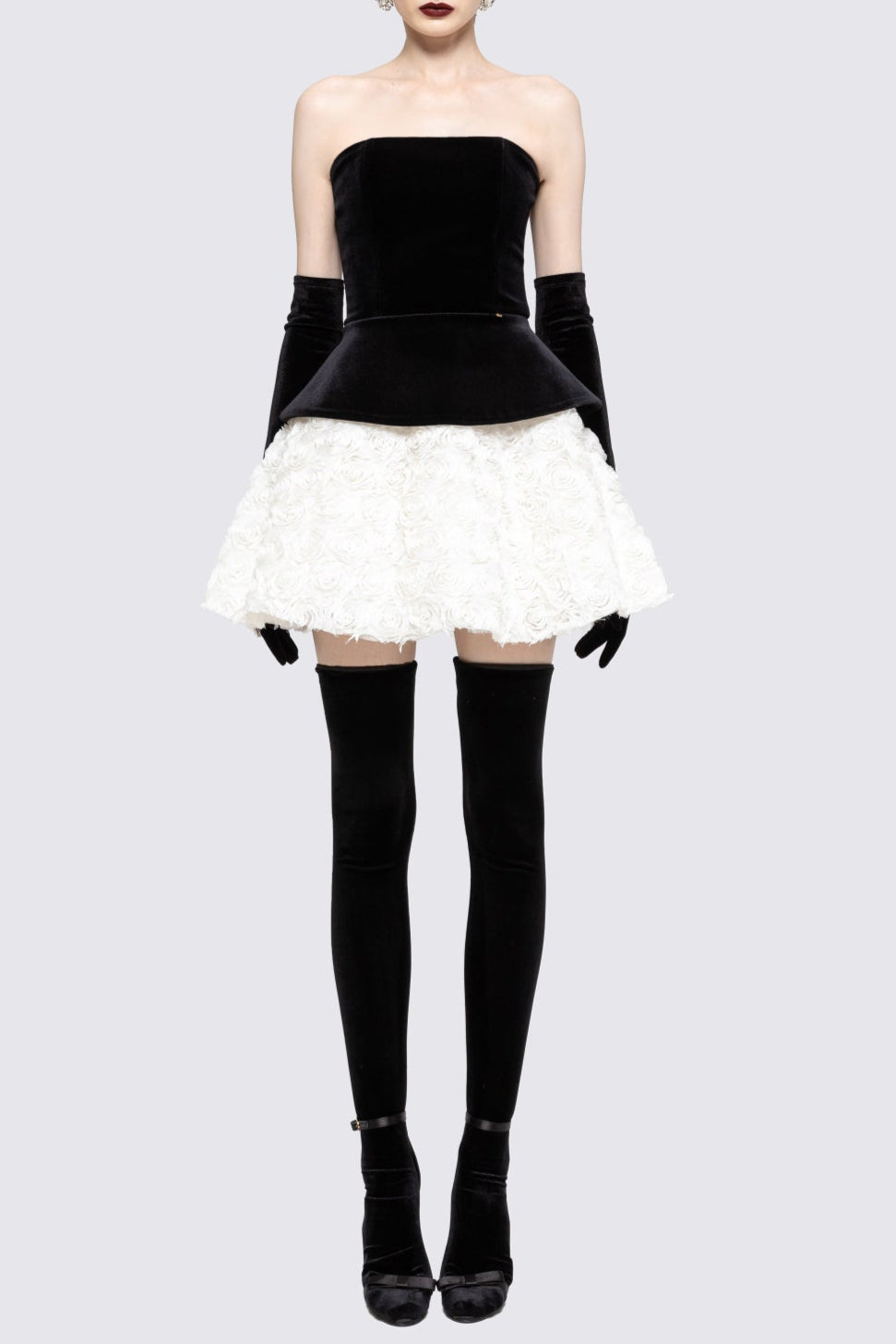 Petal-Layered Velvet Top Mini Skirt Suit Without Glove - Black/White Avalabel