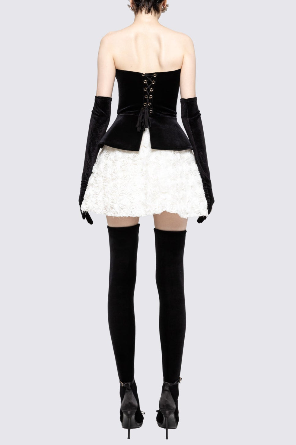 Petal-Layered Velvet Top Mini Skirt Suit Without Glove - Black/White Avalabel