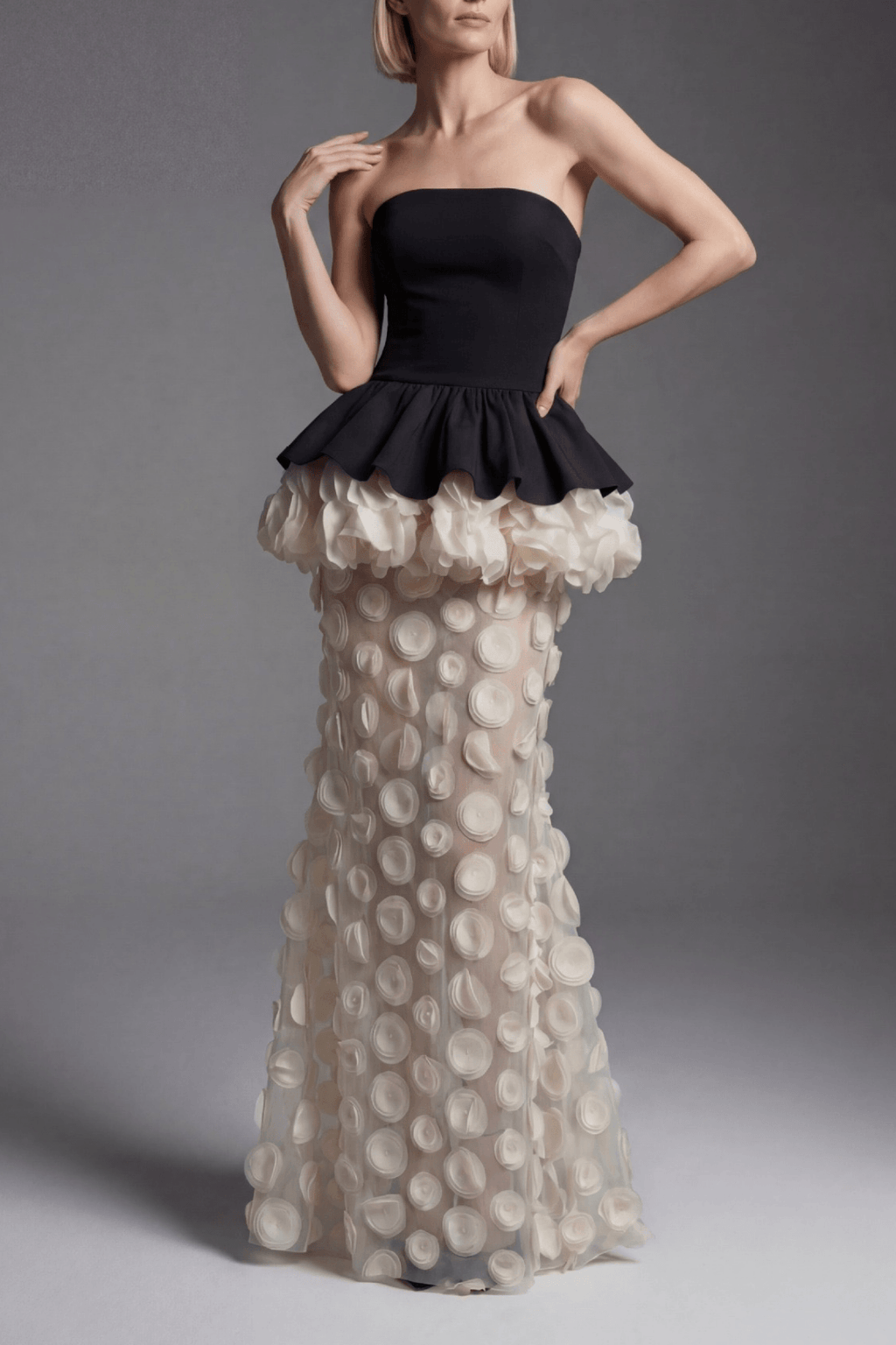 Dara Strapless Peplum 3D Flower Sheer Maxi Dress Avalabel