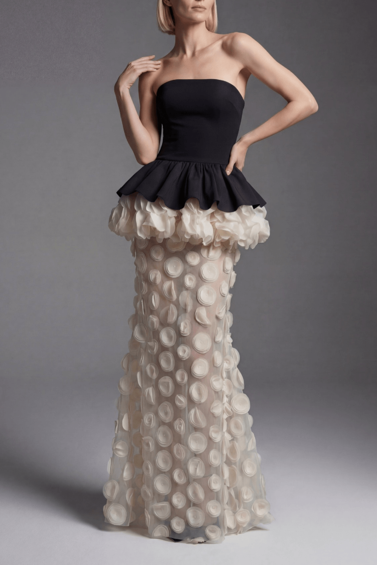 Dara Strapless Peplum 3D Flower Sheer Maxi Dress Avalabel