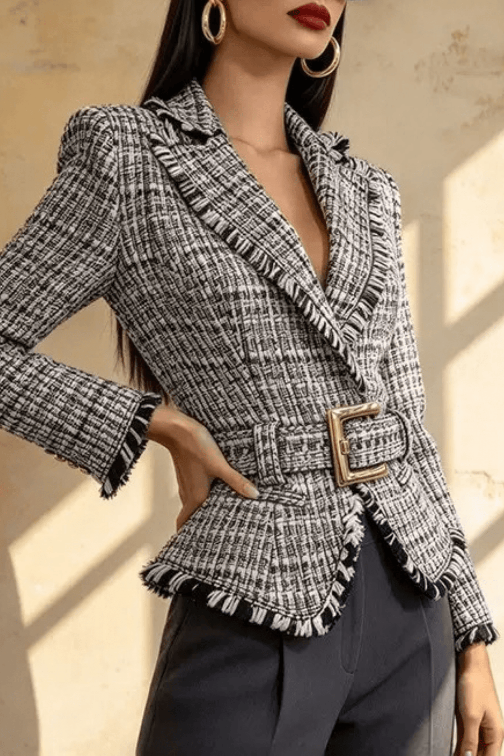 Ivana Tweed Fringe Belted Peplum Jacket Avalabel
