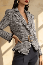Ivana Tweed Fringe Belted Peplum Jacket Avalabel