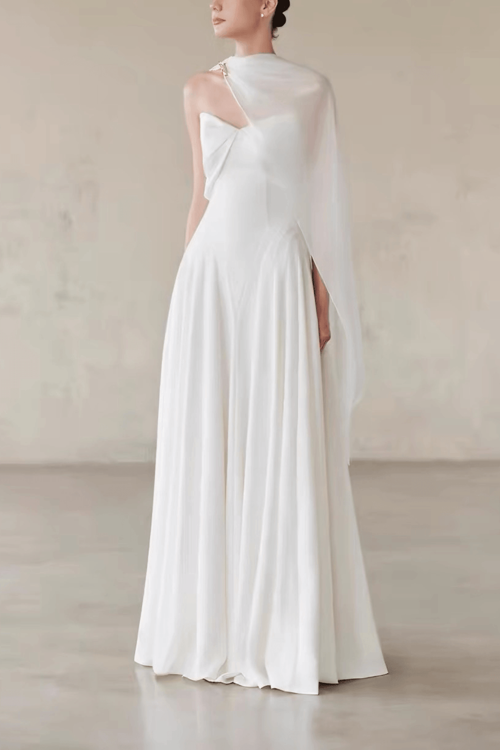 Betty One‑Shoulder Cape Flowy Formal White Dress Avalabel