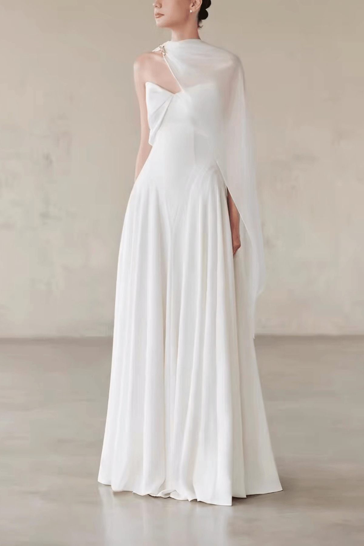 Betty One‑Shoulder Cape Flowy Formal White Dress Avalabel