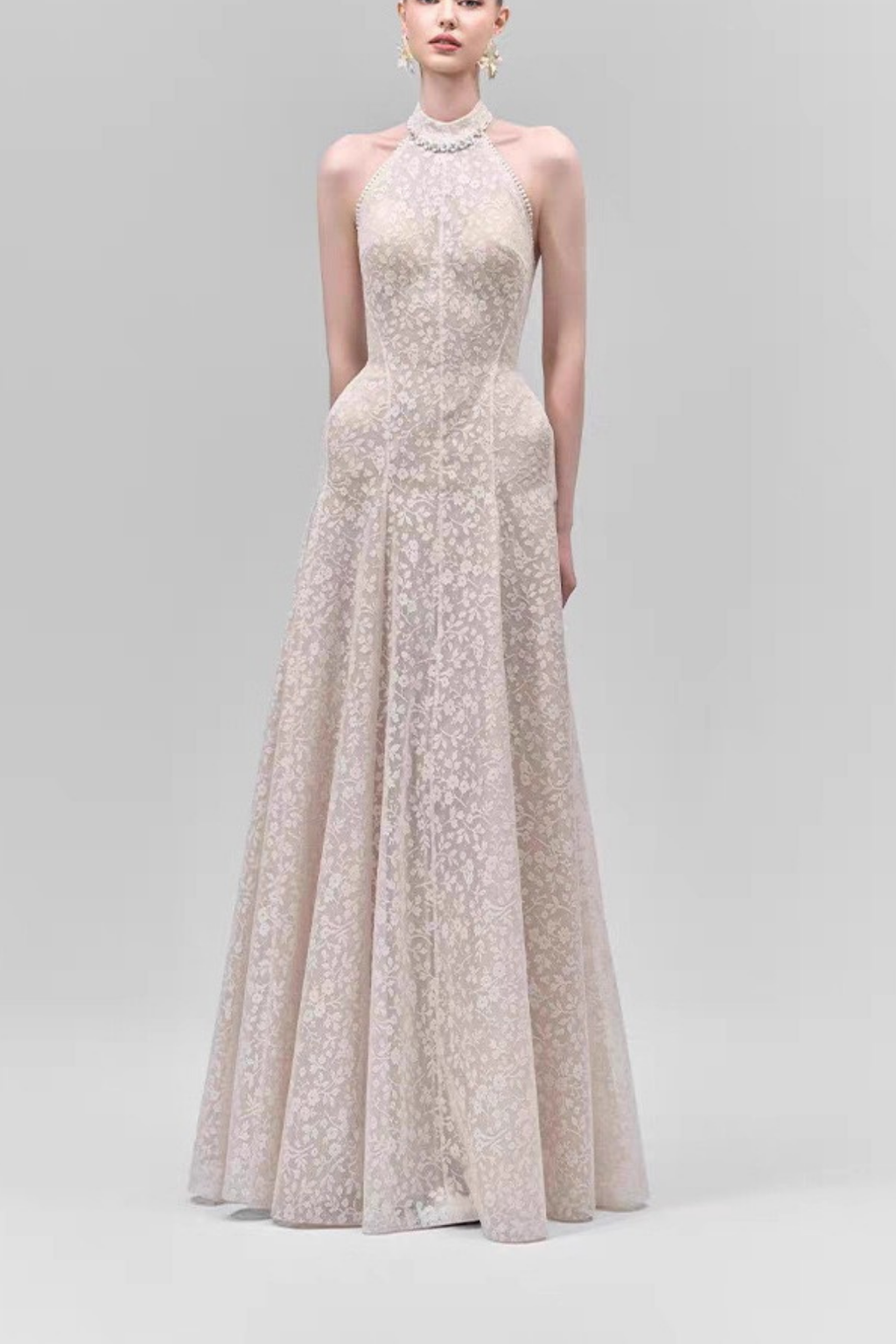 Celeste Beaded Halter Neck Floral Lace A-Line Maxi Dress Avalabel
