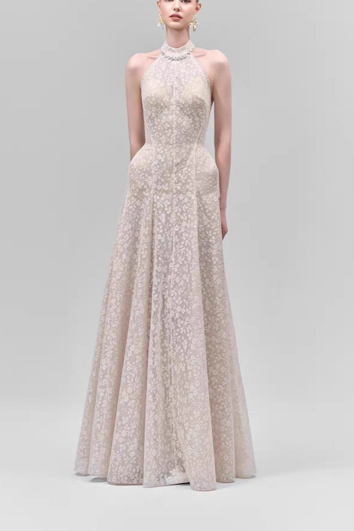Celeste Beaded Halter Neck Floral Lace A-Line Maxi Dress Avalabel
