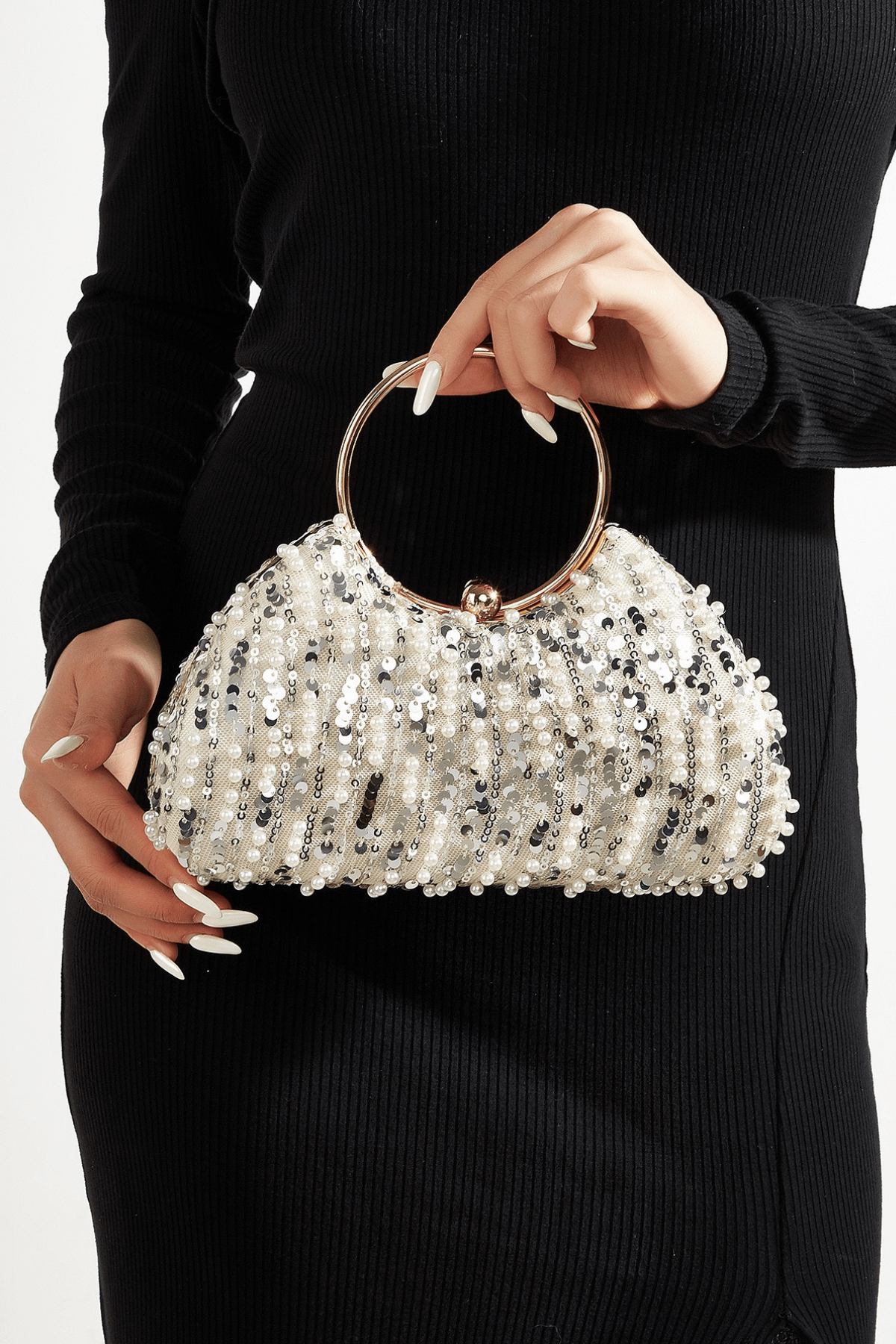 Champagne Pearl Sequin Ring Handle Formal Clutch Avalabel