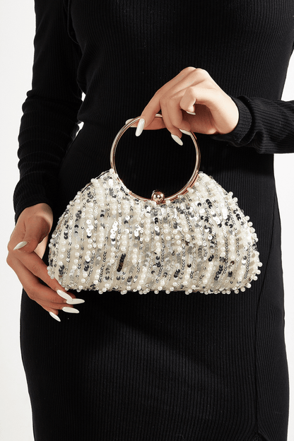 Champagne Pearl Sequin Ring Handle Formal Clutch Avalabel