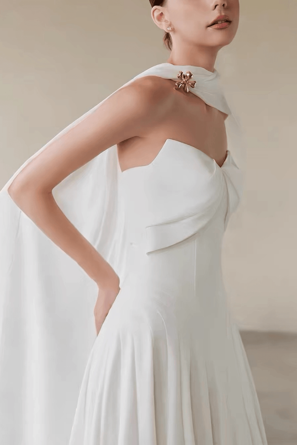 Betty One‑Shoulder Cape Flowy Formal White Dress Avalabel