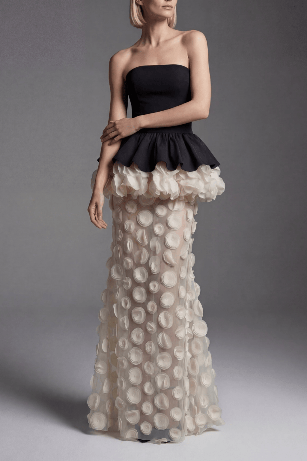 Dara Strapless Peplum 3D Flower Sheer Maxi Dress Avalabel