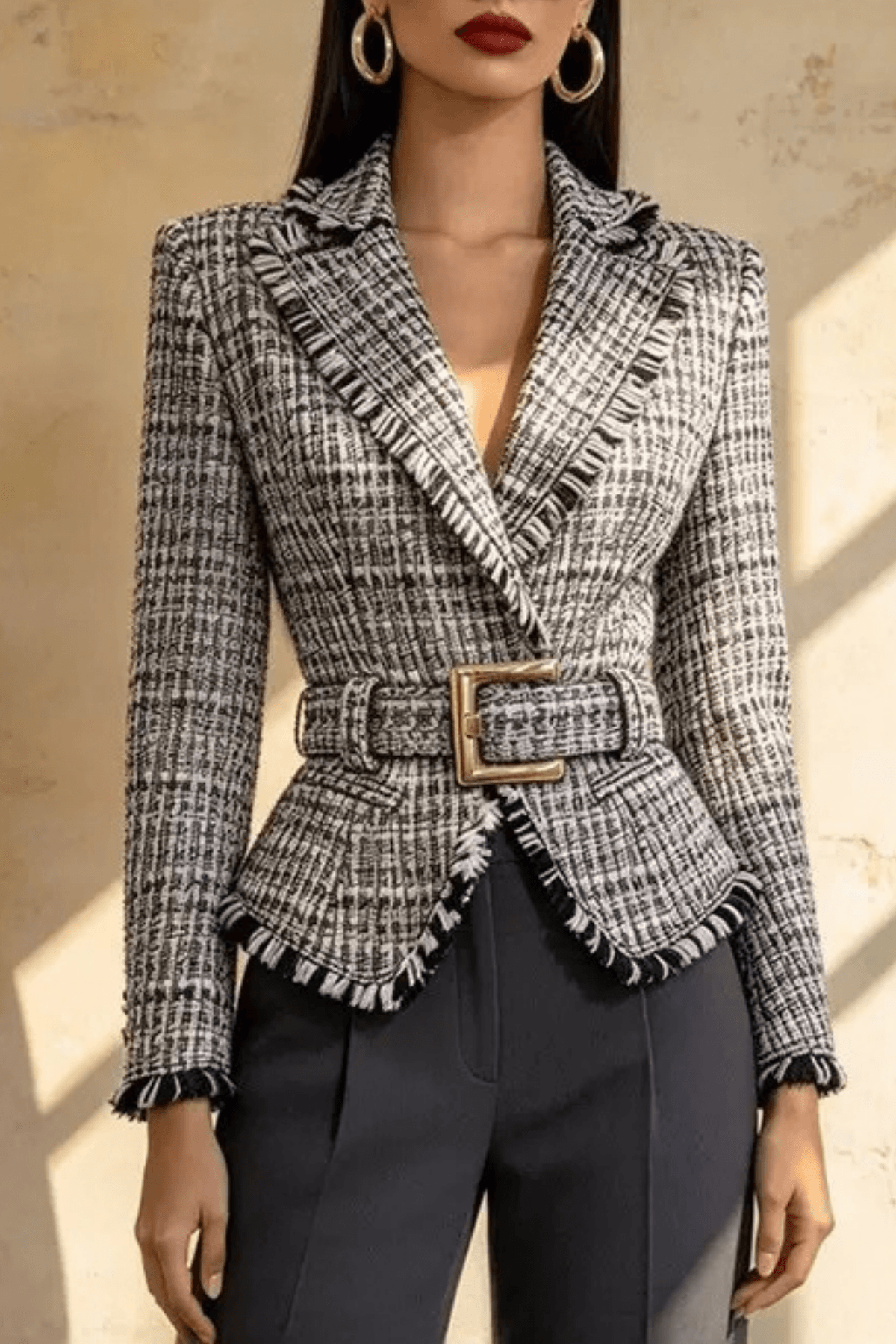 Ivana Tweed Fringe Belted Peplum Jacket Avalabel