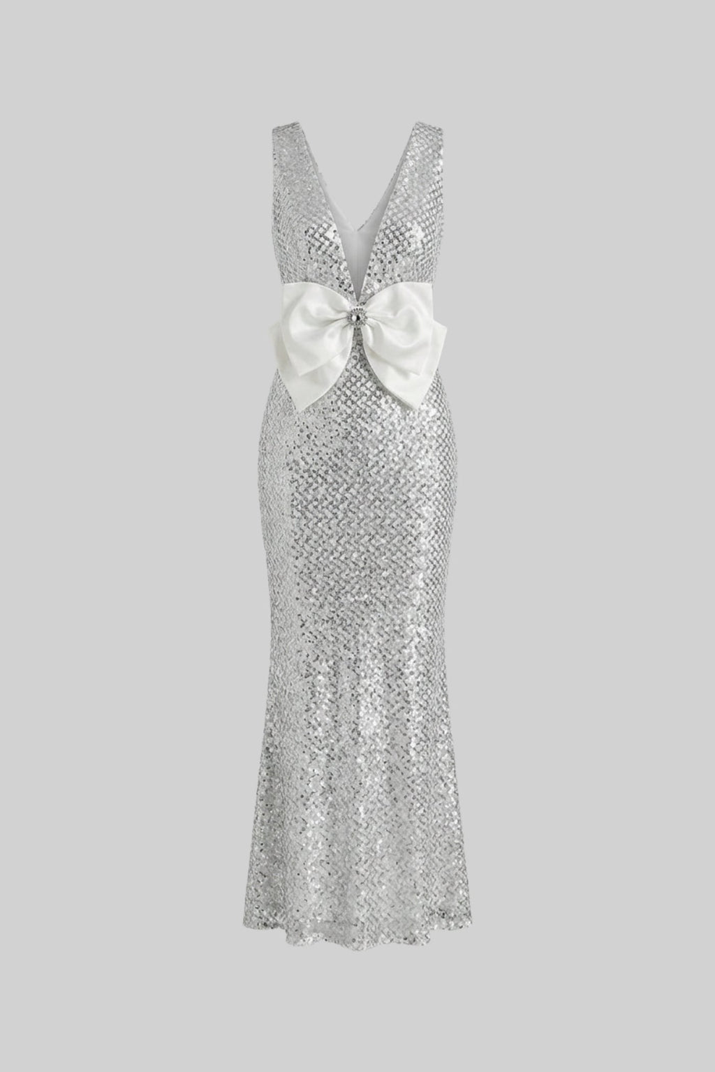 Sequin Maxi Dress With Satin Bow Detail - Light Grey Avalabel