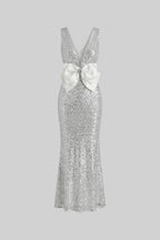 Sequin Maxi Dress With Satin Bow Detail - Light Grey Avalabel
