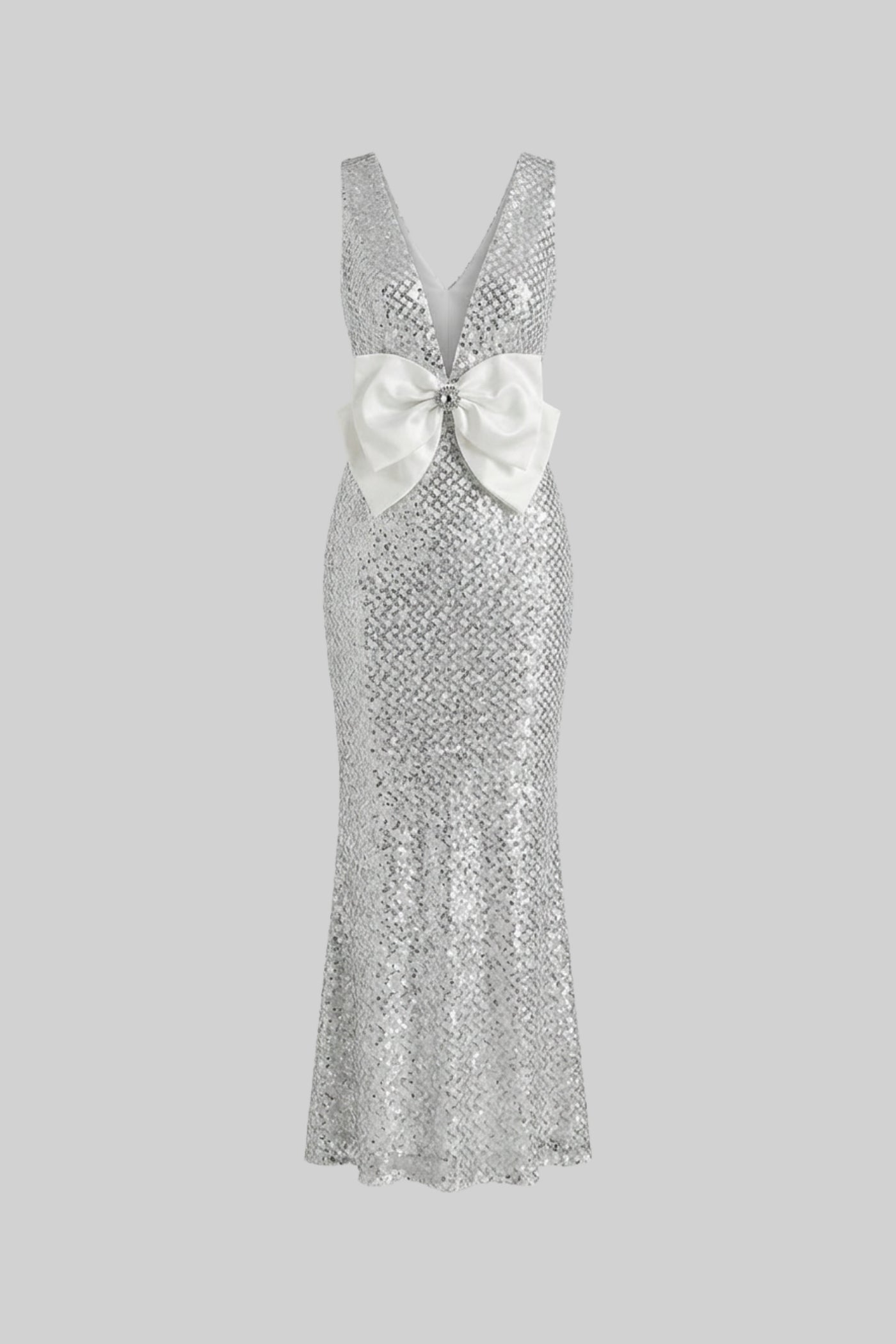 Sequin Maxi Dress With Satin Bow Detail - Light Grey Avalabel