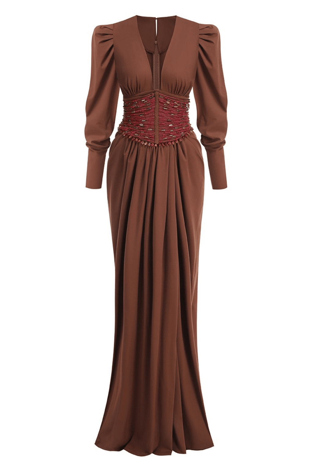 Sylvia Brown Puff Sleeve Deep V High Slit Dress Avalabel