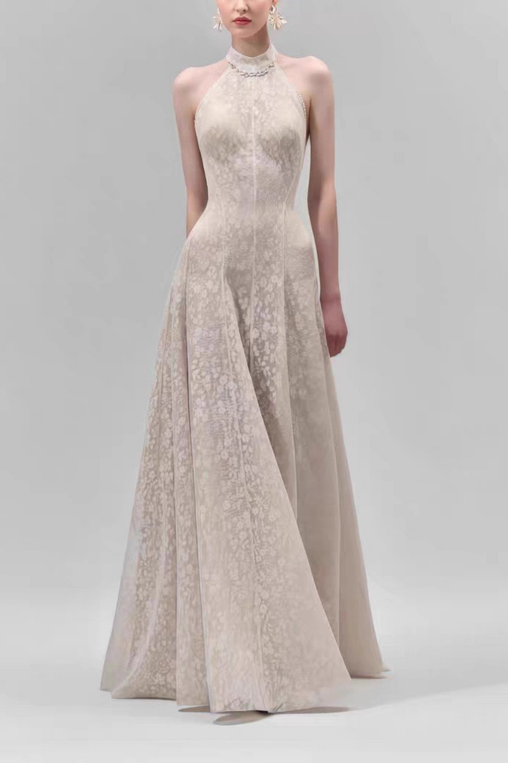 Celeste Beaded Halter Neck Floral Lace A-Line Maxi Dress Avalabel