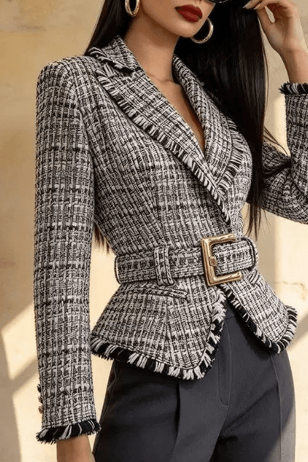 Ivana Tweed Fringe Belted Peplum Jacket Avalabel