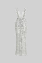 Sequin Maxi Dress With Satin Bow Detail - Light Grey Avalabel