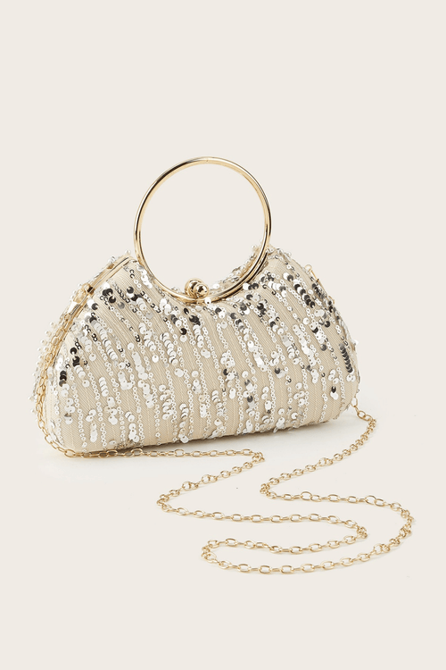 Champagne Pearl Sequin Ring Handle Formal Clutch Avalabel