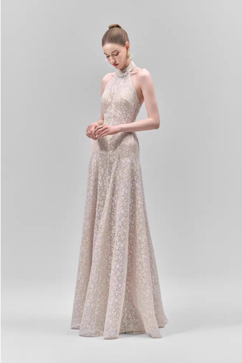 Celeste Beaded Halter Neck Floral Lace A-Line Maxi Dress Avalabel