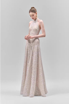 Celeste Beaded Halter Neck Floral Lace A-Line Maxi Dress Avalabel