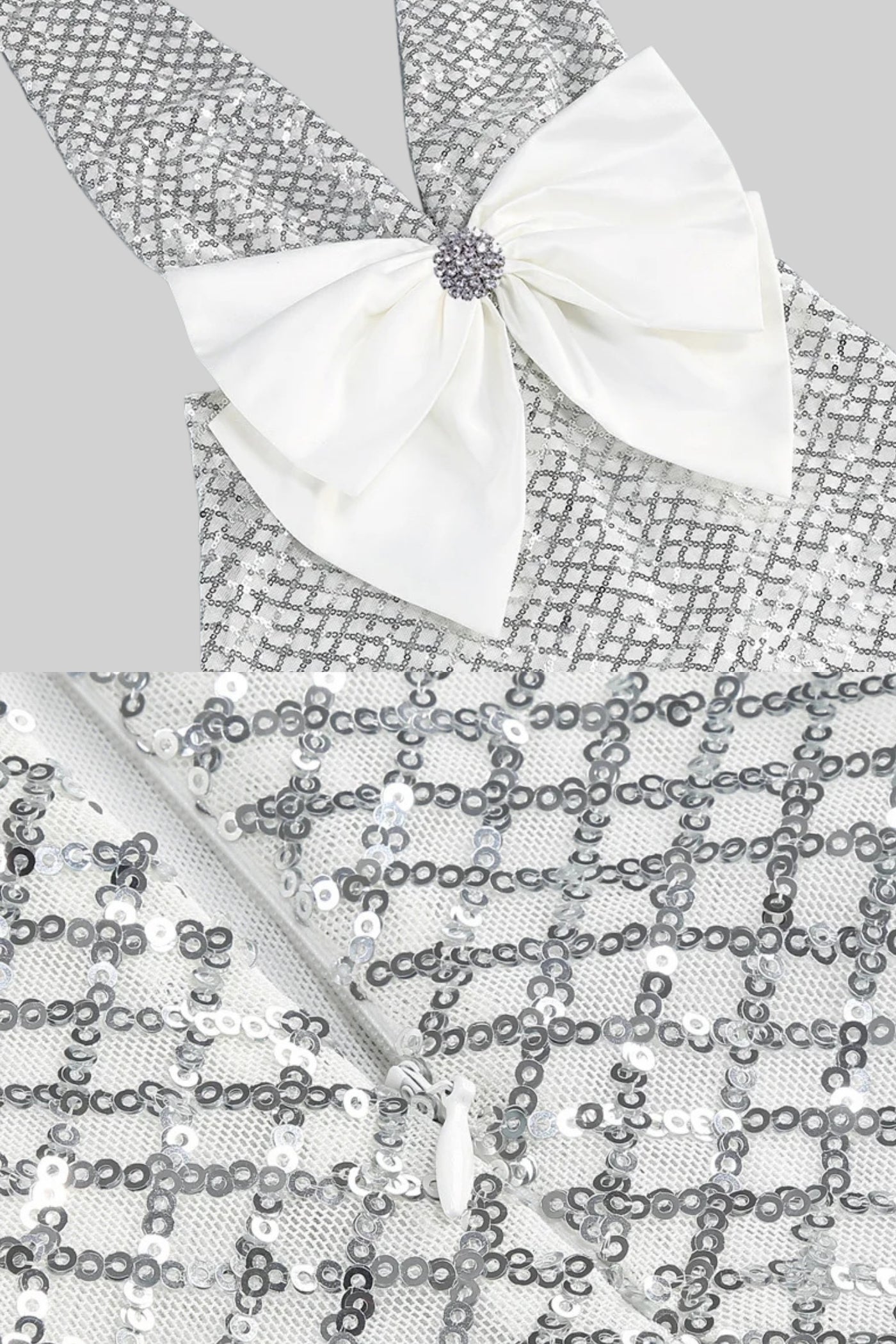 Sequin Maxi Dress With Satin Bow Detail - Light Grey Avalabel
