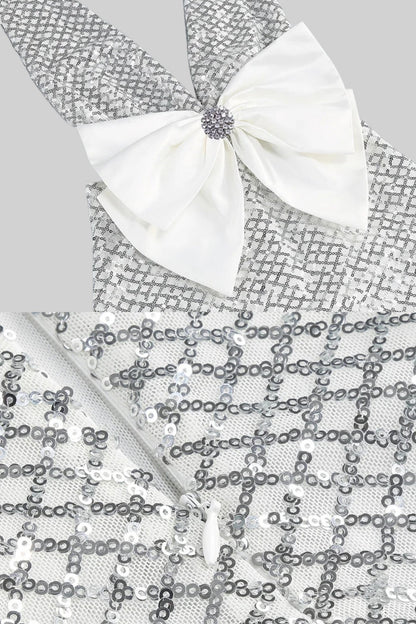 Sequin Maxi Dress With Satin Bow Detail - Light Grey