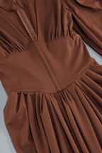 Sylvia Brown Puff Sleeve Deep V High Slit Dress Avalabel