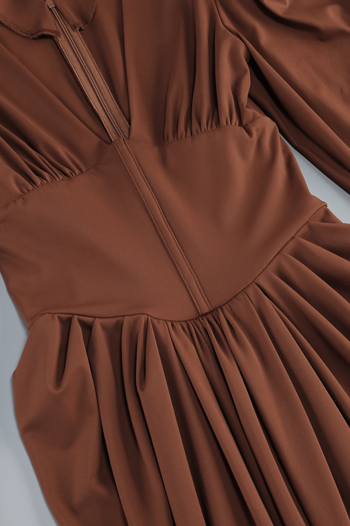 Sylvia Brown Puff Sleeve Deep V High Slit Dress Avalabel