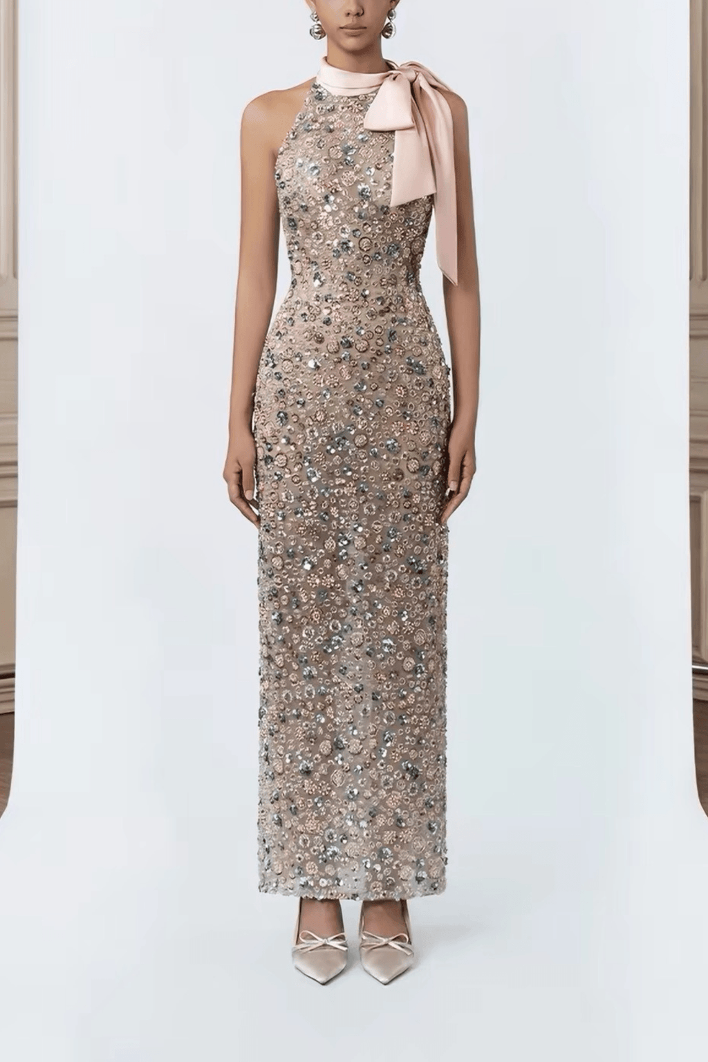 Cherry Halter Bow Beaded Midi Formal Dress Avalabel