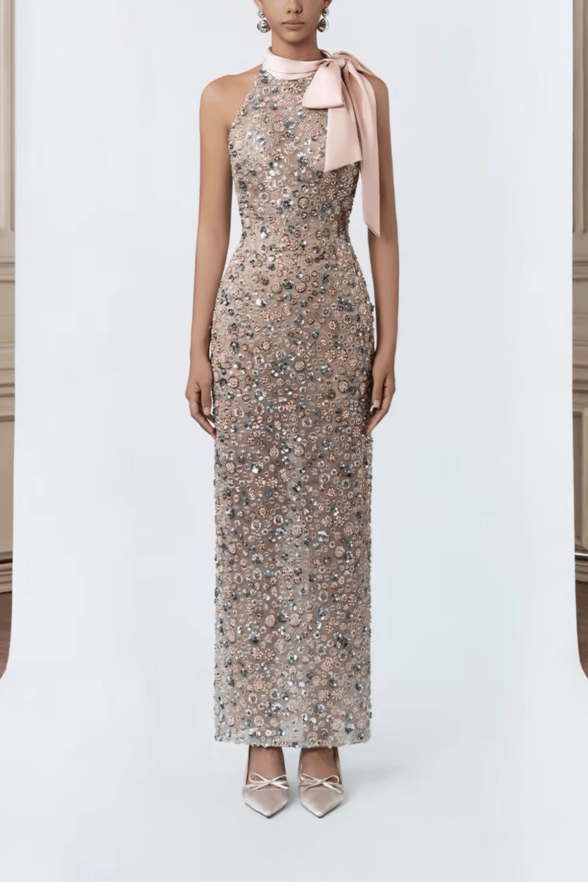 Cherry Halter Bow Beaded Midi Formal Dress Avalabel