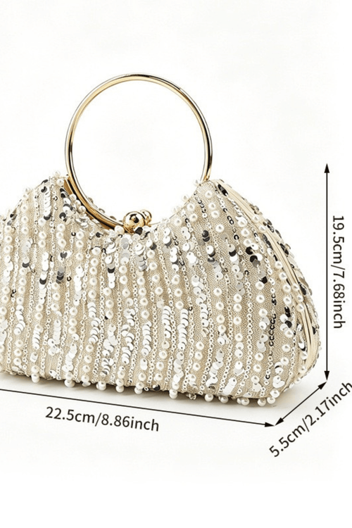 Champagne Pearl Sequin Ring Handle Formal Clutch Avalabel