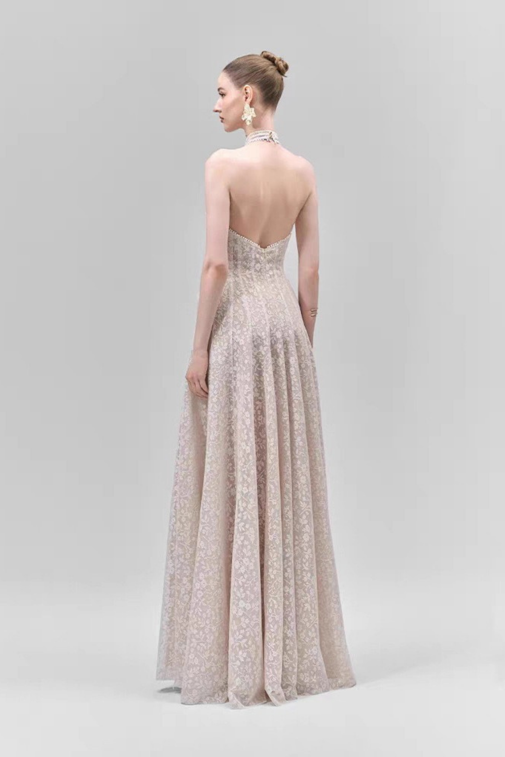Celeste Beaded Halter Neck Floral Lace A-Line Maxi Dress Avalabel