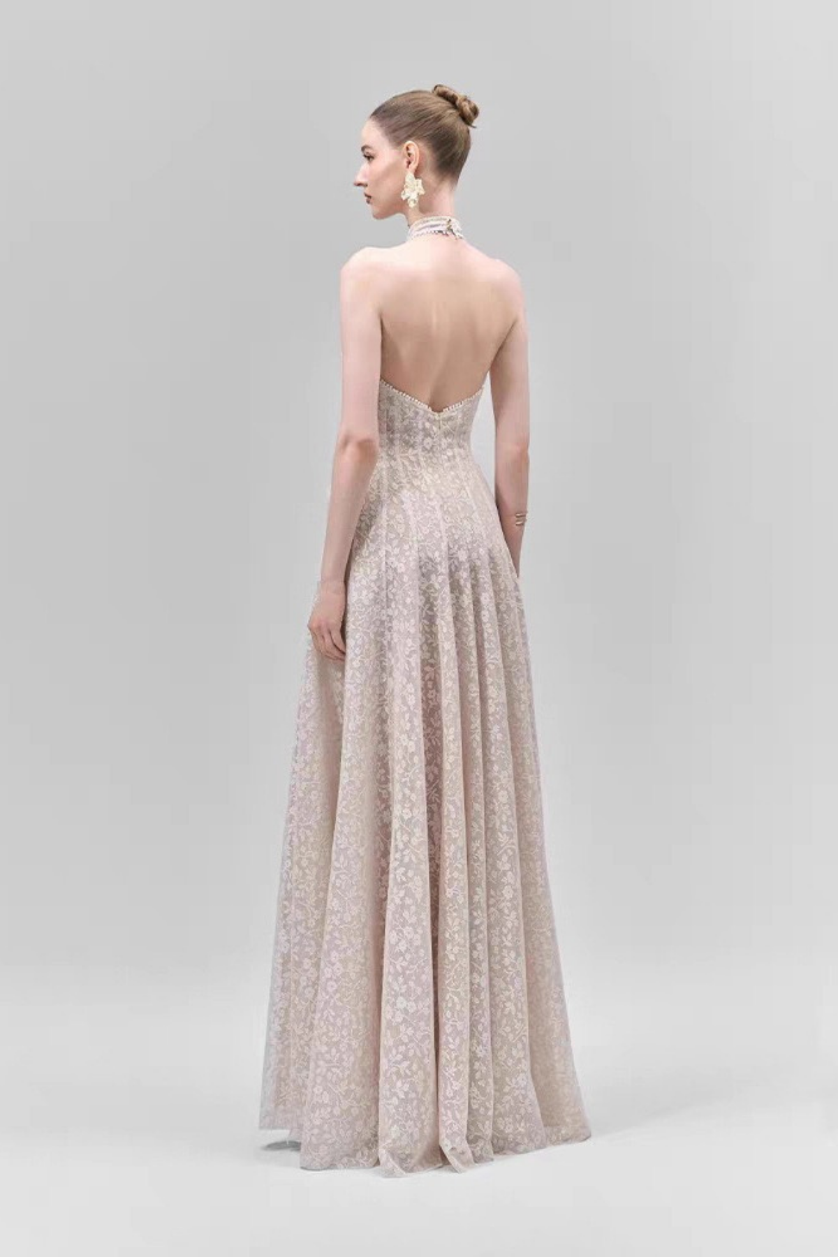 Celeste Beaded Halter Neck Floral Lace A-Line Maxi Dress Avalabel